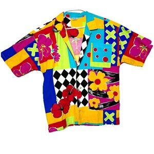 Vintage Mary Quant Cotton Shirt Colorful Floral Geometric Patchwork 80s 90s